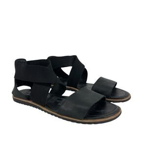 Sorel Ella Leather Sandals 7.5 Black Strappy Comfort Flat Minimal Outdoorsy
